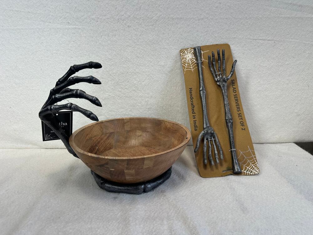 Martha Stewart Collection Halloween Skeleton Wood Bowl & Metal Skeleton Serve